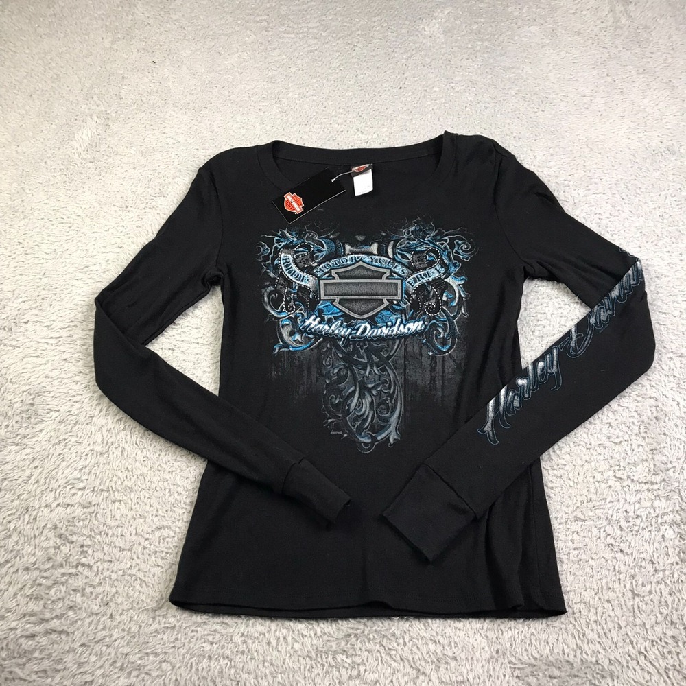 Harley Davidson Shirt Womens XS Black Route 66 Tulsa OK Graphic Long Sleeve NEW